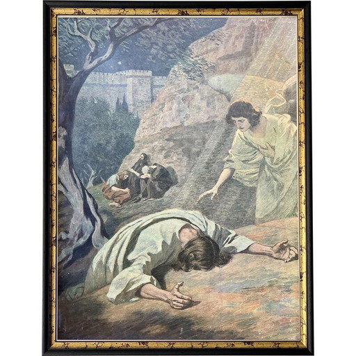 Lámina religiosa enmarcada vintage La Agonía en el Huerto de Getsemaní, década de 1930