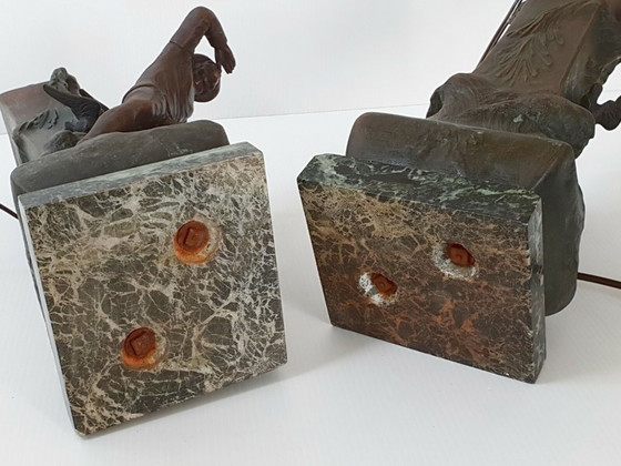 Image 1 of Een paar art-deco visserslampen, jaren 1940, vintage, metaal en marmer, jaren 1930-1940