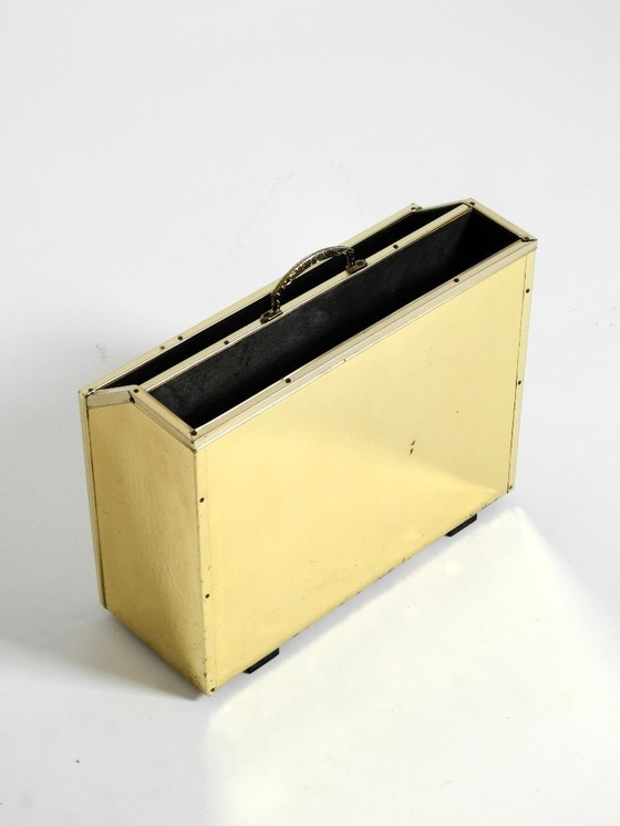 Image 1 of Extraordinary 1980s newspaper rack made of brass and wood in Hollywood Regency design