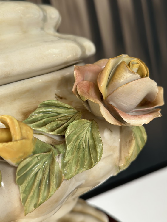 Image 1 of Vintage Baroque-Style Ceramic Lidded Bowl with Hand-Applied Flowers