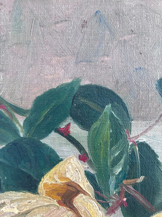 Image 1 of Peinture à l'huile originale ancienne représentant une nature morte de roses jaunes.