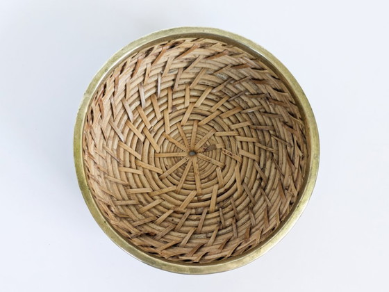 Image 1 of Vintage Rattan Brass Bowl Gabriella Crespi Style 1970s Handwoven Fruit Basket