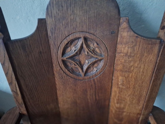 Antiker neugotischer Eichenholz-Armlehnstuhl aus den 1910er Jahren – Sessel, Textile, Wood (photo 7 of 11)