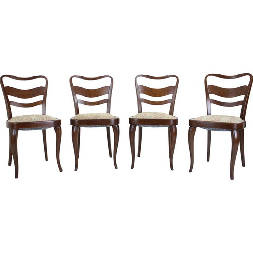 Set of 4 vintage dining chairs in wood and fabric, Czechoslovakia 1940s