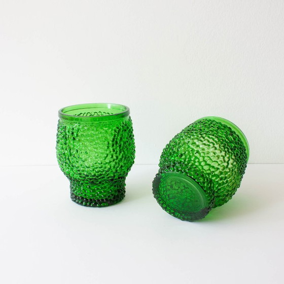 Image 1 of Vintage Green Set of 6 Cocktail bubble glasses, ice bucket and ice clamps, 1970's
