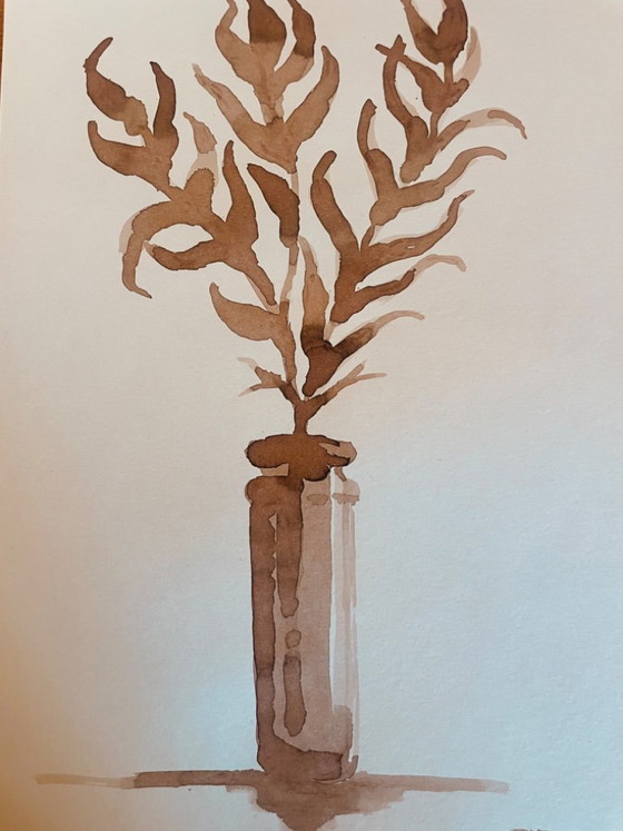 Image 1 of Painting, monochrome sepia still life "dried flowers", signed