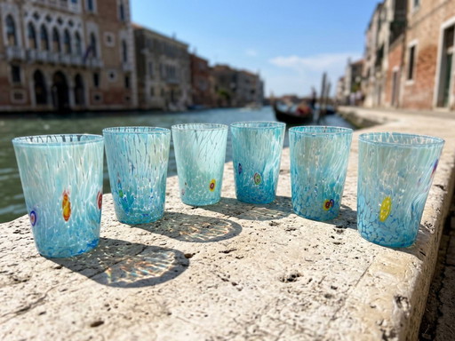 Set di 6 bicchieri in vetro soffiato veneziano con murrine Effetre Murano fuse nel vetro, hand made in italy.