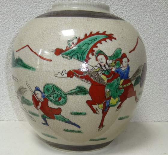 Vasi asiatici craquelé con decorazione di guerrieri, set di 3, Ceramica, Crema, Aziatisch (foto 7 di 15)