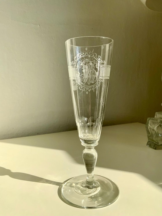 Image 1 of Bicchiere da vino/champagne in cristallo antico inciso a mano - Monogrammato - Circa 1900