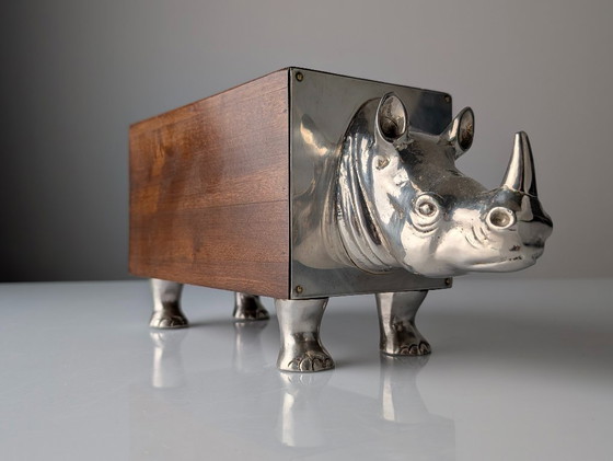 Image 1 of Almazán Rhino Bottle Holder, Mid-Century Modern Wood & Nickel Silver, 1960s