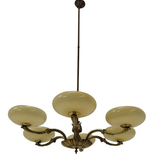 Vintage art deco glass and brass chandelier, Czechoslovakia 1930
