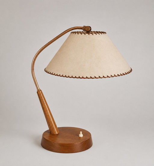 TEMDE Vintage Table Lamp Teak Wood Mid-Century 60s / 70s Adjustable Shade Design Object – tafellampen, Leather, Brass