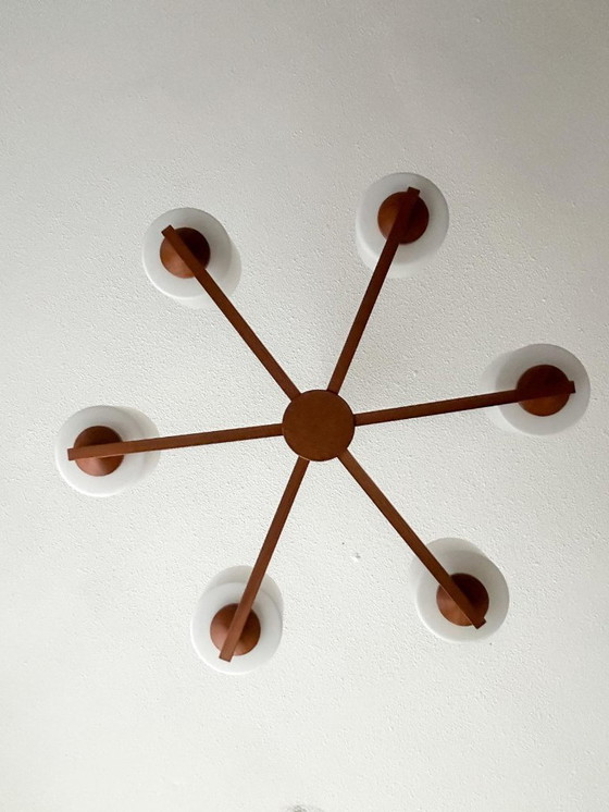 Vintage Mid Century Modern Teak Pendant Lamp Large Teak Frosted Glass – Wood (photo 7 of 14)