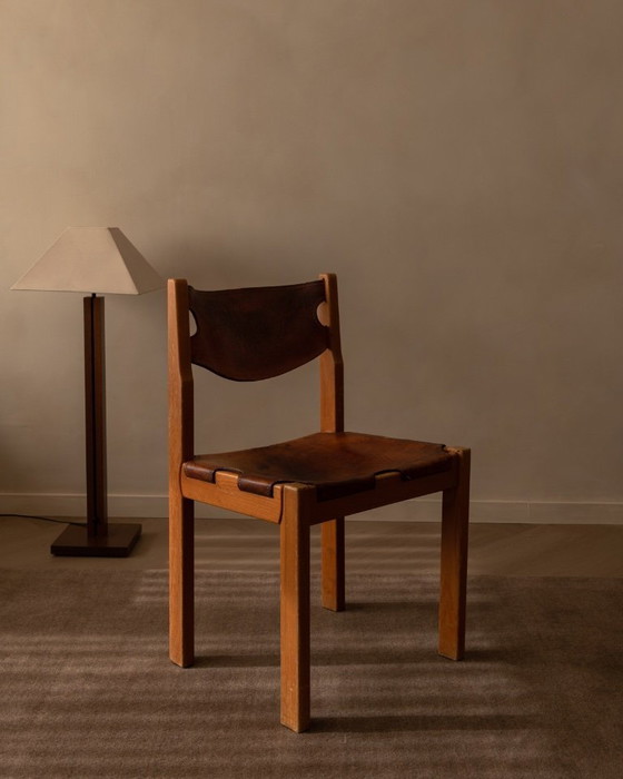 Image 1 of Sedia vintage in pino Maison Regain con seduta in pelle color cognac, Francia anni '70