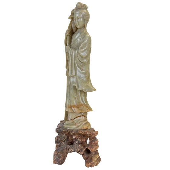 Sculptures Chinoises Vintage en Stéatite - Dame Céleste avec Lotus (He Xiangu) (photo 8 of 10)