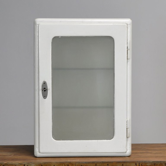 Armadietto a muro bianco con anta in vetro smerigliato, Armadi a muro, Legno, Vintage (foto 2 di 11)