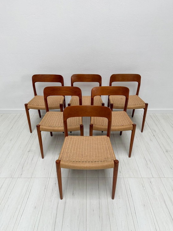Image 1 of Set di 6 sedie da pranzo vintage n. 75 in teak di Niels O. Møller per J.L. Møllers Møbelfabrik, design danese, anni '50
