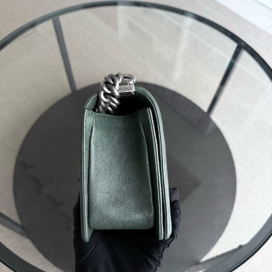 Image 1 of Chanel Boy Medium - Caviar 25CM Chevron Dark Green Ruthenium Silver Hardware Series 26