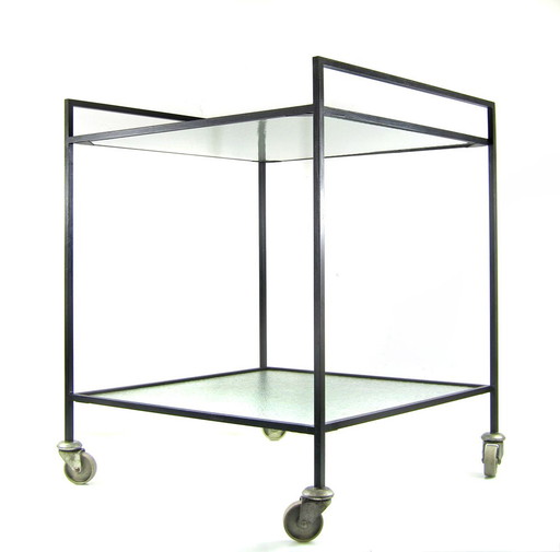 Chariot à thé minimaliste des années soixante en acier et verre armé