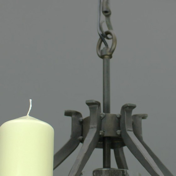 Image 1 of Manfred Bergmeister (1927-2019) - Brutalist handmade wrought bronze pendant lamp / six light candelabra