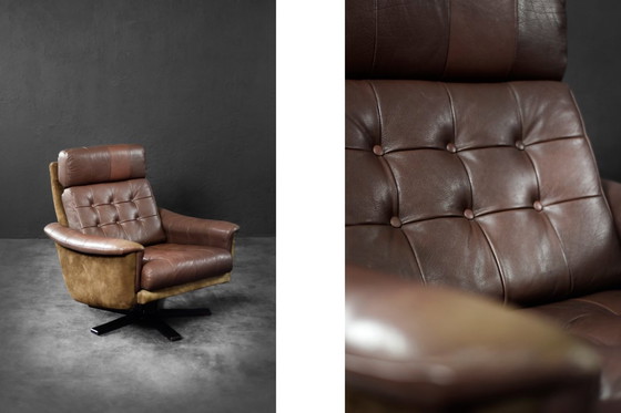 Image 1 of Vintage Mid-Century Deense moderne bruine leren draaifauteuil van Lystager Industri, jaren 70