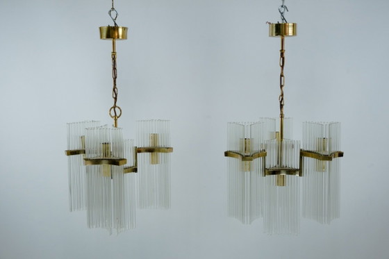 Image 1 of Coppia di lampadari in ottone e vetro di Gaetano Sciolari, Italia, anni '70