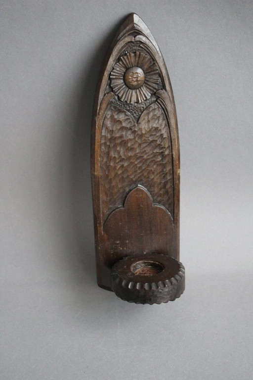 Portacandele da parete in legno massello, vintage, girasole intagliato a mano, grande, marrone