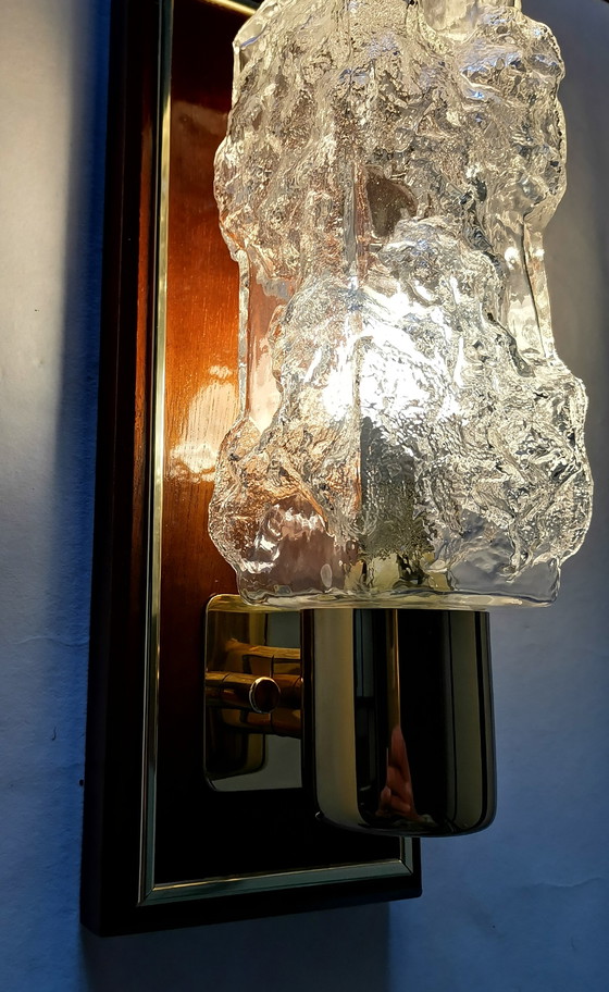 Image 1 of Set of Hollywood Regency ice glass wall lamps by Hillebrand teak vintage 70s