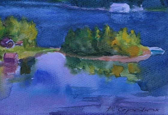 Original Watercolor Painting River Landscape Countryside Village Clouds Over Town – Paintings & Drawings (photo 7 of 7)