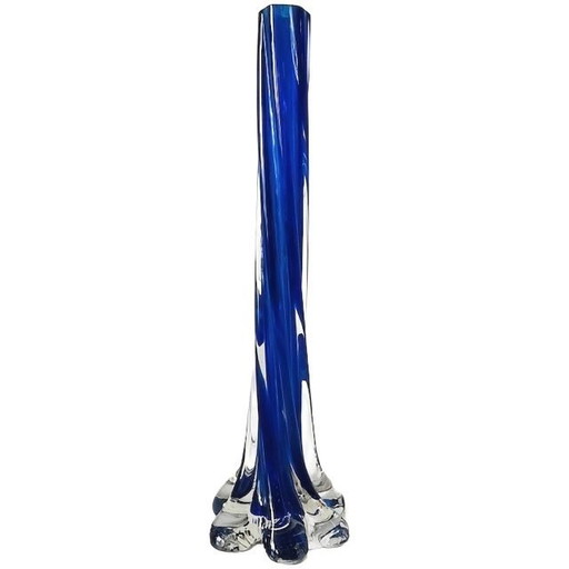 Vaso vintage in vetro blu ritorto con stelo ritorto, metà secolo, anni '50