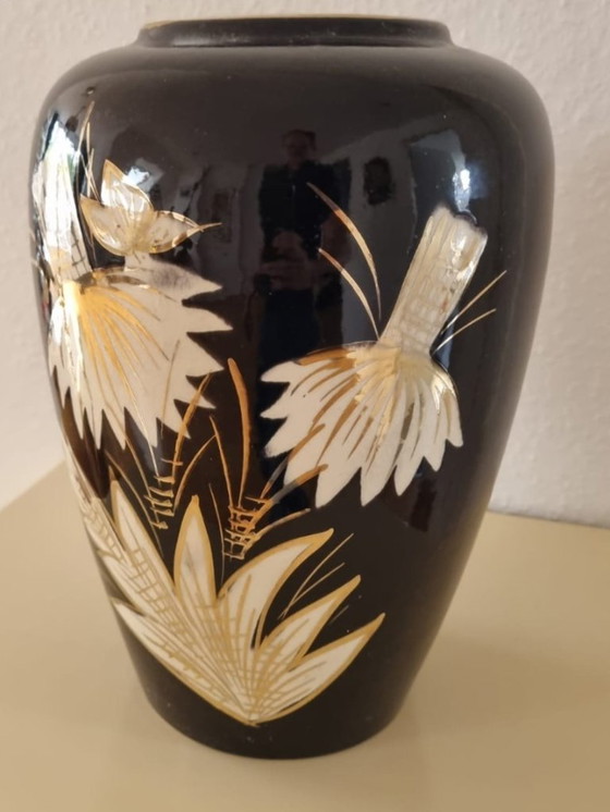 Image 1 of Vaso in ceramica Vintage Bay 236/30 – Nero con decoro in oro – anni '50/'60