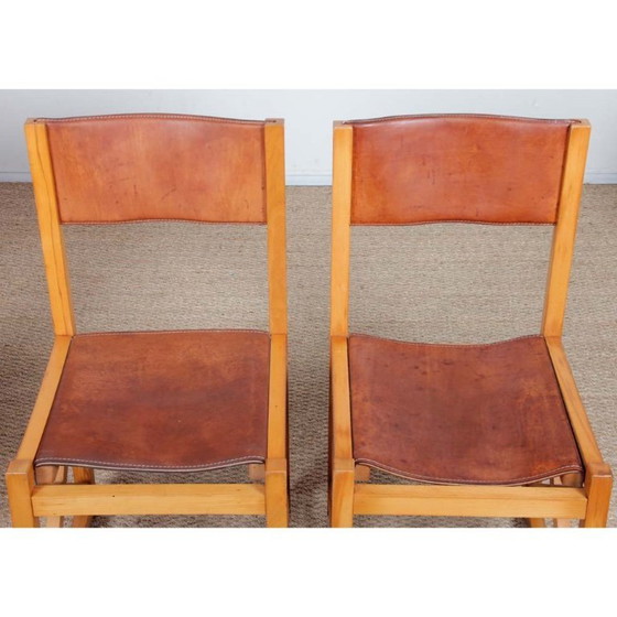 Image 1 of Set van 6 vintage stoelen in massief hout en leer, 1980