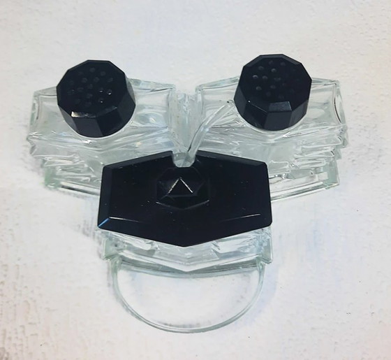 Image 1 of (W002) Set da menage in cristallo di Boemia Art Déco vintage – Dettagli in vetro nero, anni '30