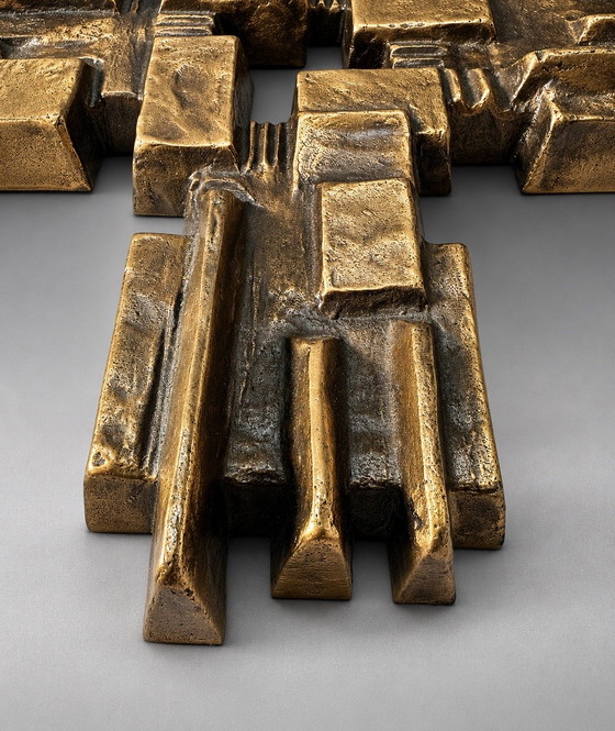 Image 1 of Brutalist Cubist Bronze Wall Cross | Geometric Modernist Sculpture | 1970s
