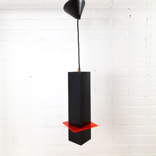 Vintage pendant lamp 1970s black & neon orange/red plastic