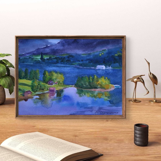 Original Watercolor Painting River Landscape Countryside Village Clouds Over Town – Paintings & Drawings (photo 3 of 7)