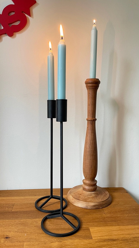 Image 1 of Trio van Teak en Vintage Stalen Kandelaars
