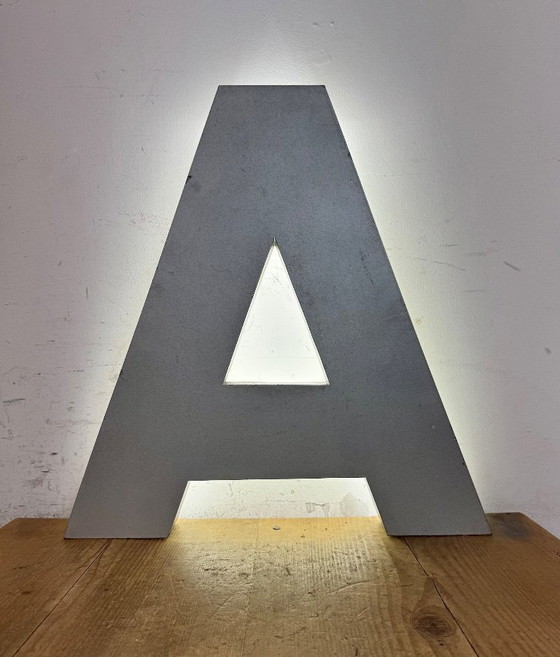 Image 1 of Large Illuminated Vintage Grey Iron Facade Letter A , 1970s