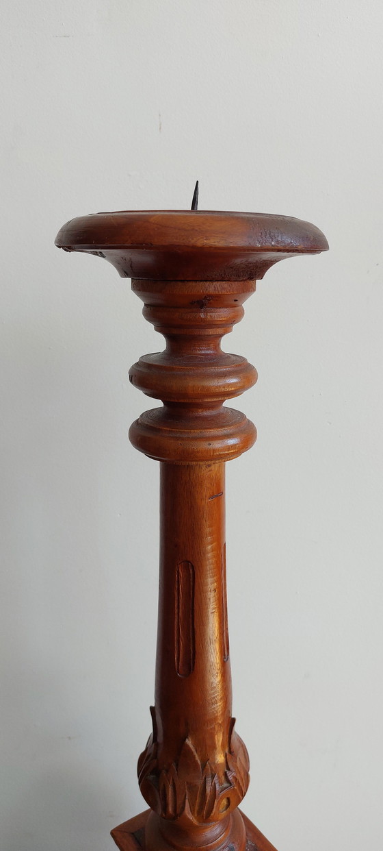 Image 1 of Large Candlestick - Wood - Hand Carved Asia - - 1950-1960
