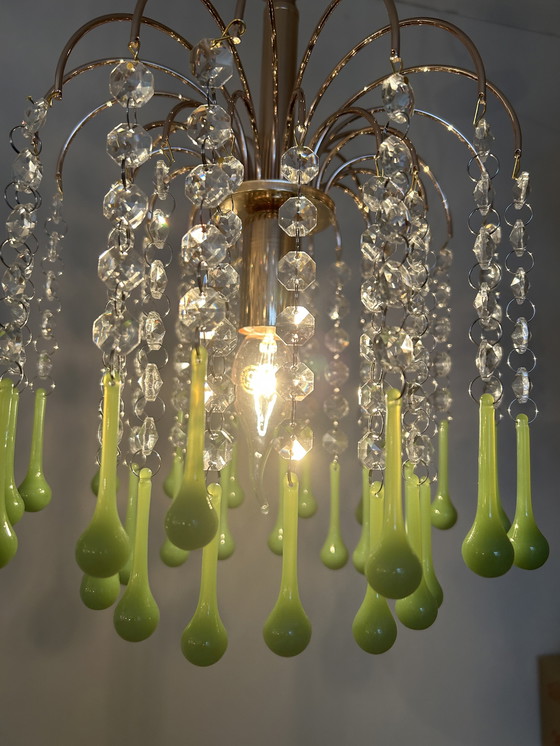 Image 1 of 3 Pieces Vintage Opaline Green Crystal Teardrop Chandeliers