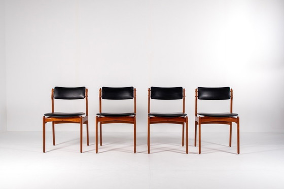 Image 1 of Set of 4 Mid-Century Danish Teak Dining Chairs with Black Skai Seats, 1960s