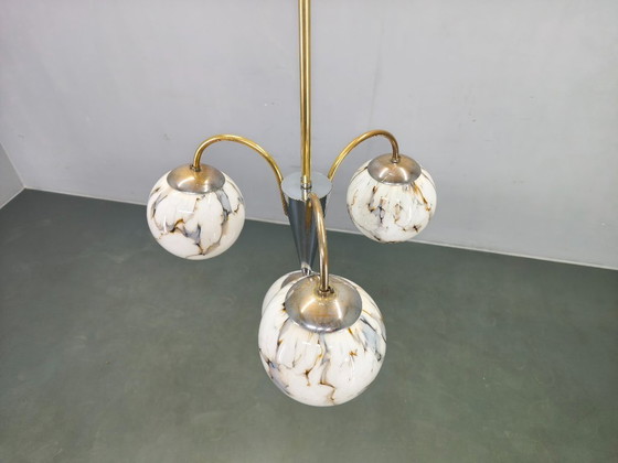 Image 1 of Art Deco Chandelier, Marble Glass, Brass & Chrome, 1930s