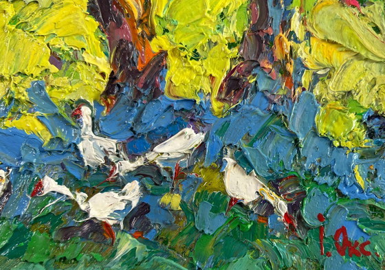 Image 1 of Original Oil Painting Summer Village Landscape Dreams in the shade of trees
