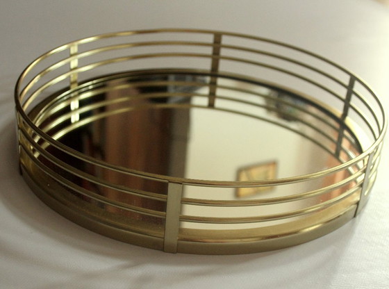 Image 1 of Elegant rond dienblad - spiegel dienblad - messing/glas - vintage