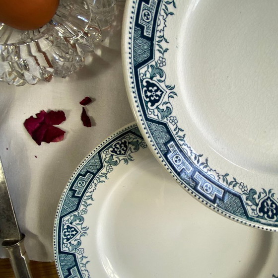 Image 1 of Set of 6 antique Saint Amand et Hamage ironstone earthenware dinner plates, Morocco blue pattern