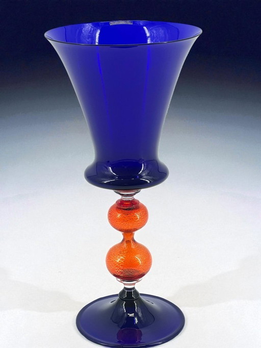 Signed Murano art glass goblet by Maestro Carlo Tosi “Caramea” – Blue bowl, orange stem, 24K gold leaf – 1970s