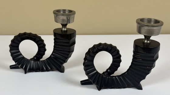 Image 1 of 2 x Vintage Chapman black chrome horn candlesticks bronze