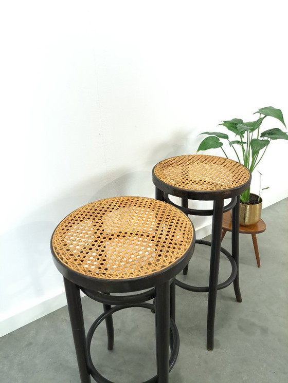 Image 1 of Set of 1950s wooden bar stools with webbing from France