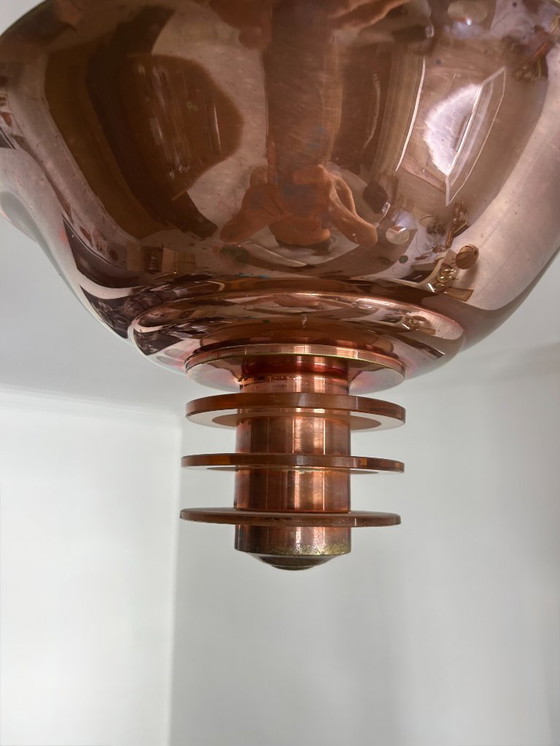 Image 1 of Lustre vintage moderniste, cuivre et verre, France 1930