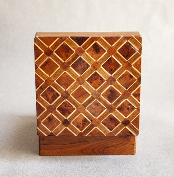 Image 1 of Tropical wood box, leather-style, handmade with orange wood inlay. Jewelry box. Multipurpose box.